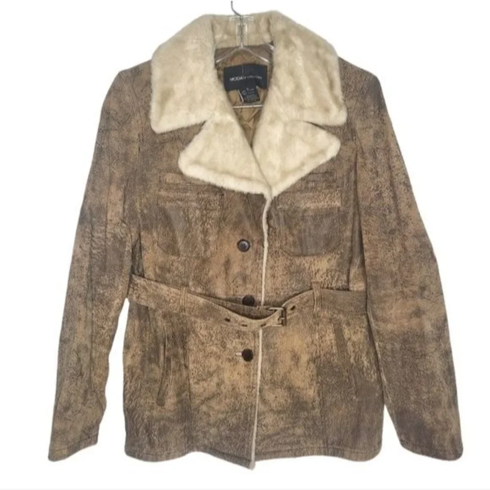 MODA INTERNATIONAL Distressed Genuine Leather Jacket Coat